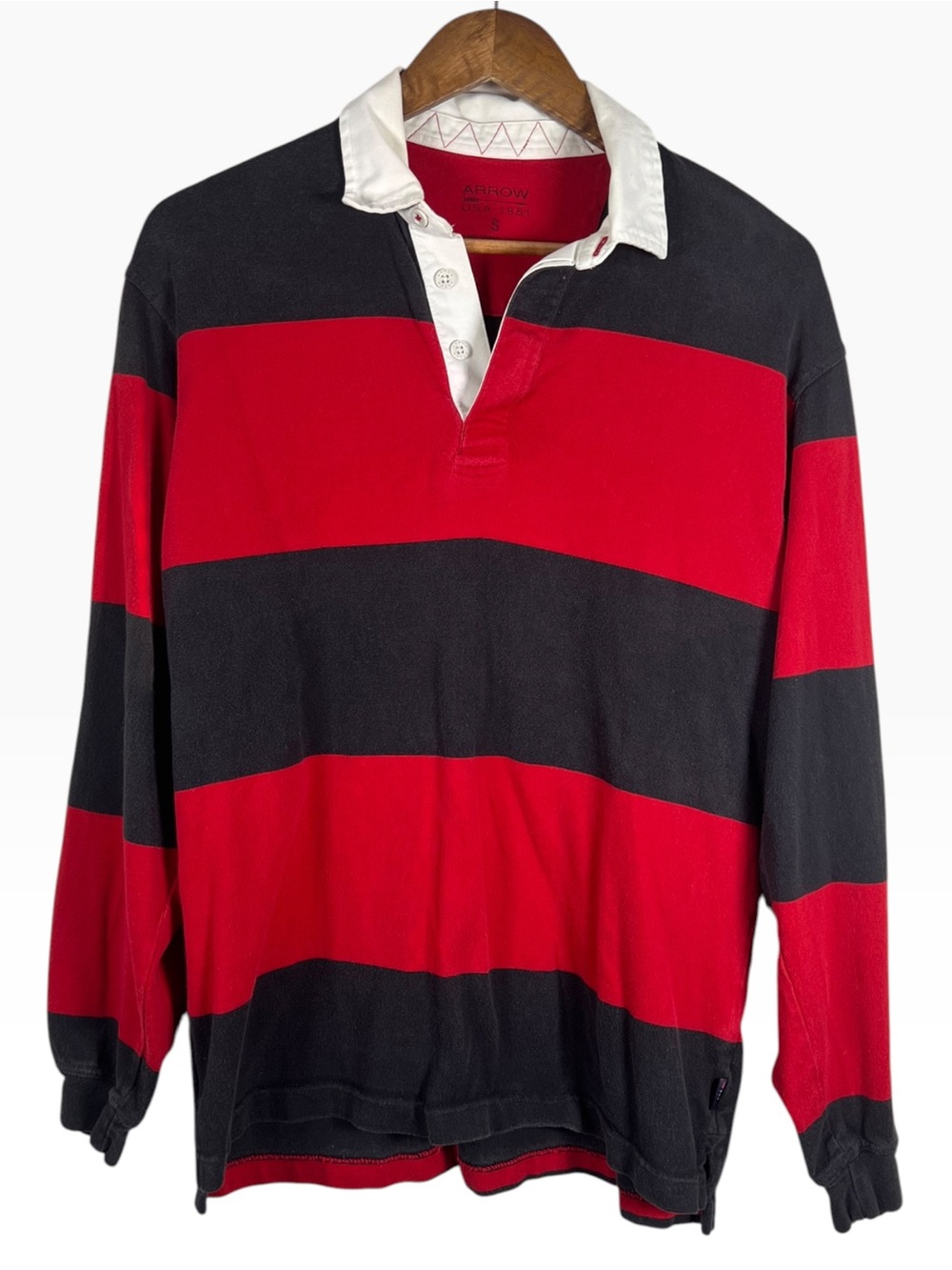 Y2K Arrow Men’s Red Navy Striped Rugby Shirt Long Sleeve Size S Preppy Heritage